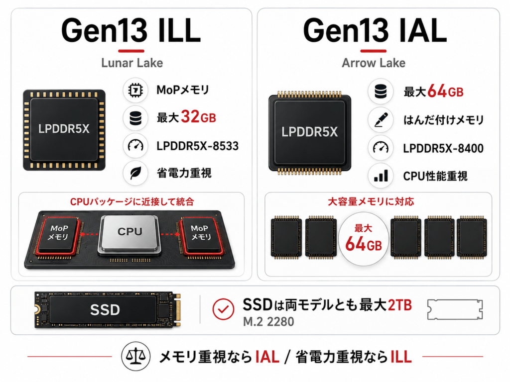 ThinkPad X1 Carbon Gen13 ILLとIALのメモリ・SSD比較。ILLはMoPで最大32GB、IALは最大64GB、SSDは両モデル最大2TB