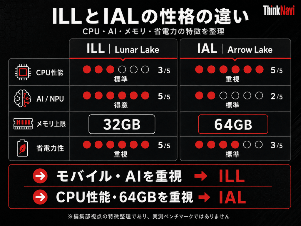 ILLとIALのCPU性能・AI性能・メモリ容量・省電力性の特徴比較