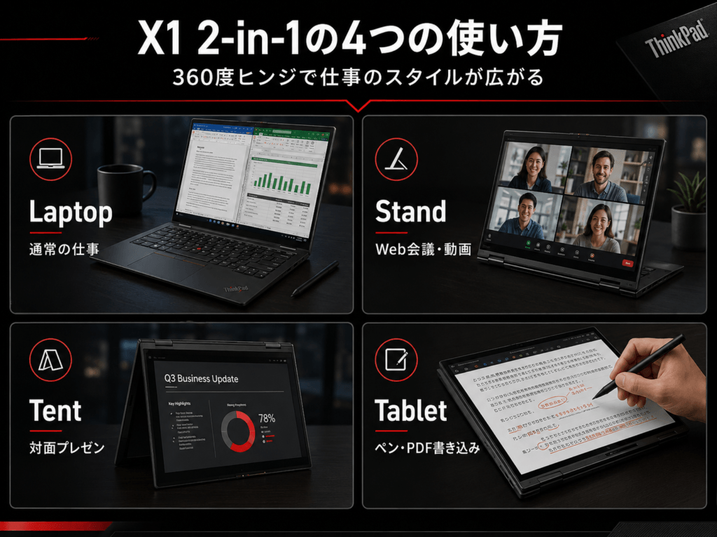 ThinkPad X1 2-in-1 Gen 10のノート・スタンド・テント・タブレット4モード