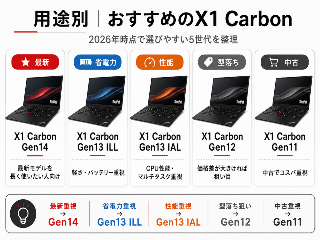 ThinkPad X1 Carbon Gen14・Gen13 ILL・Gen13 IAL・Gen12・Gen11のおすすめ用途比較