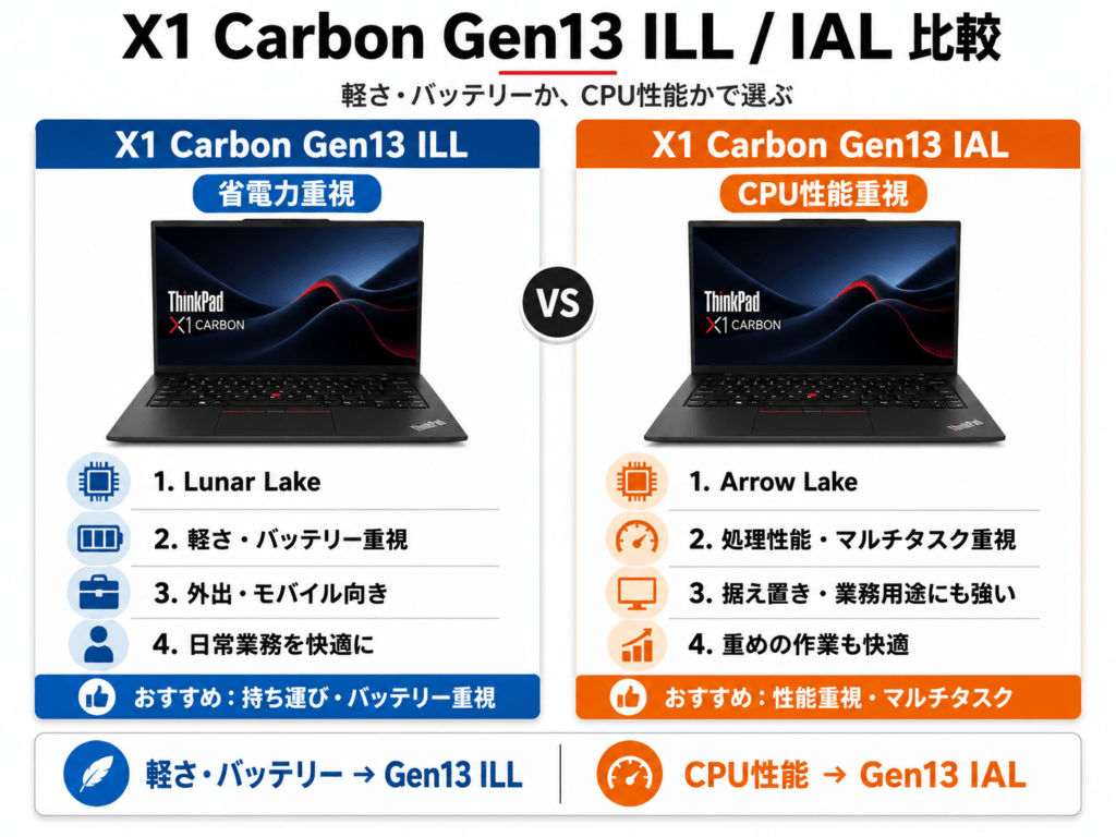 ThinkPad X1 Carbon Gen13 ILLとIALの違い。ILLは省電力、IALはCPU性能重視