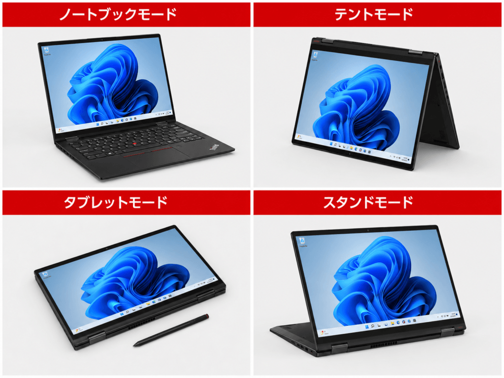 ThinkPad X1 2-in-1の4つの使い方。ノートブック、テント、タブレット、スタンドの各モードを比較