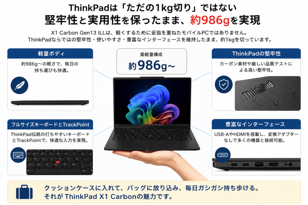 ThinkPad X1 Carbon Gen13 ILLは堅牢性と実用性を保ちながら約986g