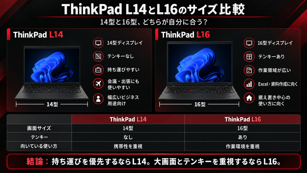 ThinkPad L14とL16の画面サイズ、テンキーの有無、携帯性の違いを示した比較図