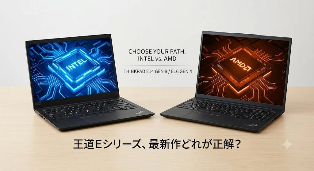 Intel版とAMD版の2台を並べ「INTEL vs. AMD」と問いかける図