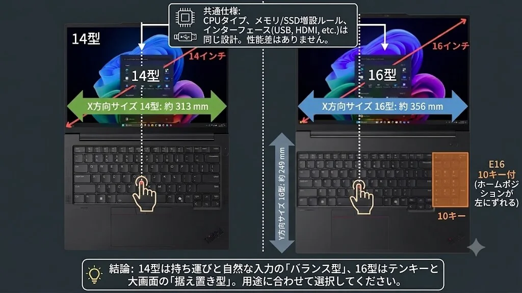 14型と16型の比較図。横幅は約313mmと約356mmで、16型はテンキー付き