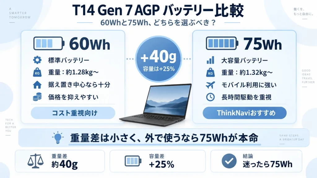 ThinkPad T14 Gen 7 AGPの60Whと75Whバッテリーを比較した図解。60Whは約1.28kg、75Whは約1.32kgで、約40gの重量増で容量が25%増加。モバイル利用なら75Whがおすすめ。