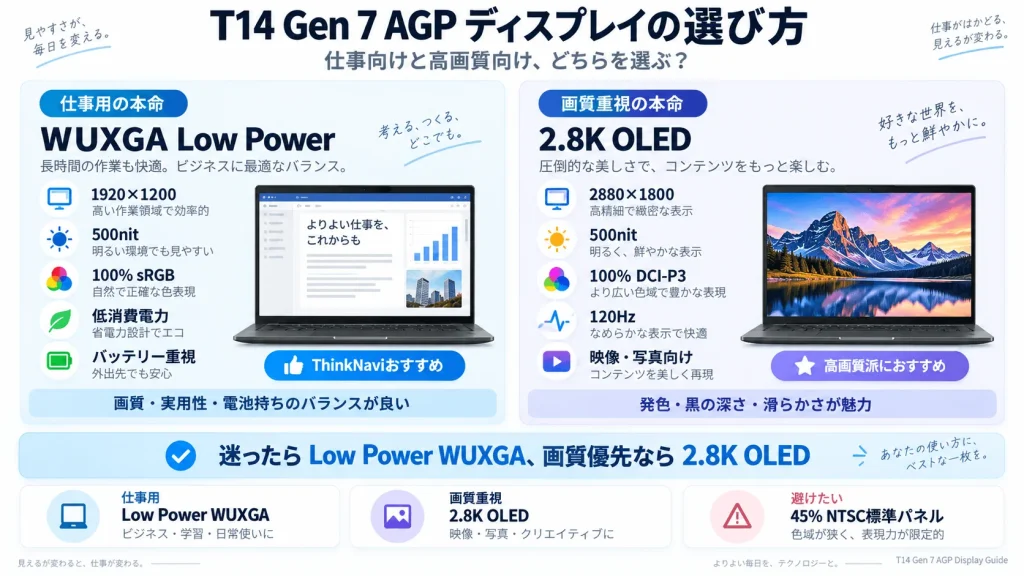 ThinkPad T14 Gen 7 AGPのディスプレイ選びを比較した図解。仕事用には500nit・100% sRGBのLow Power WUXGA、画質重視なら2.8K OLED・120Hz・100% DCI-P3がおすすめ。標準45% NTSCパネルは色域が狭いため注意。