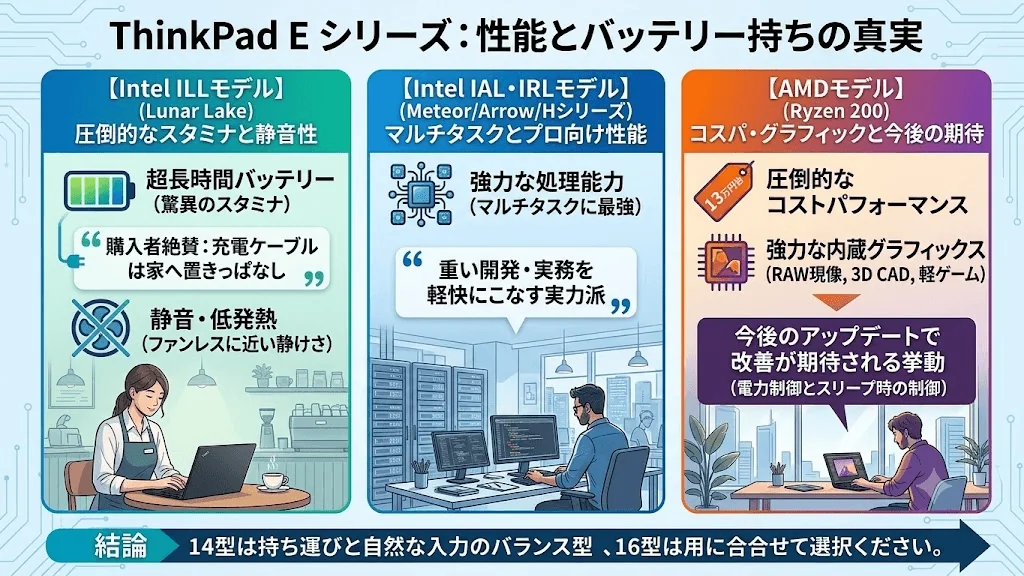 ILLはスタミナと静音、IAL・IRLは処理能力、AMDはコスパとグラフィックが強みという比較図