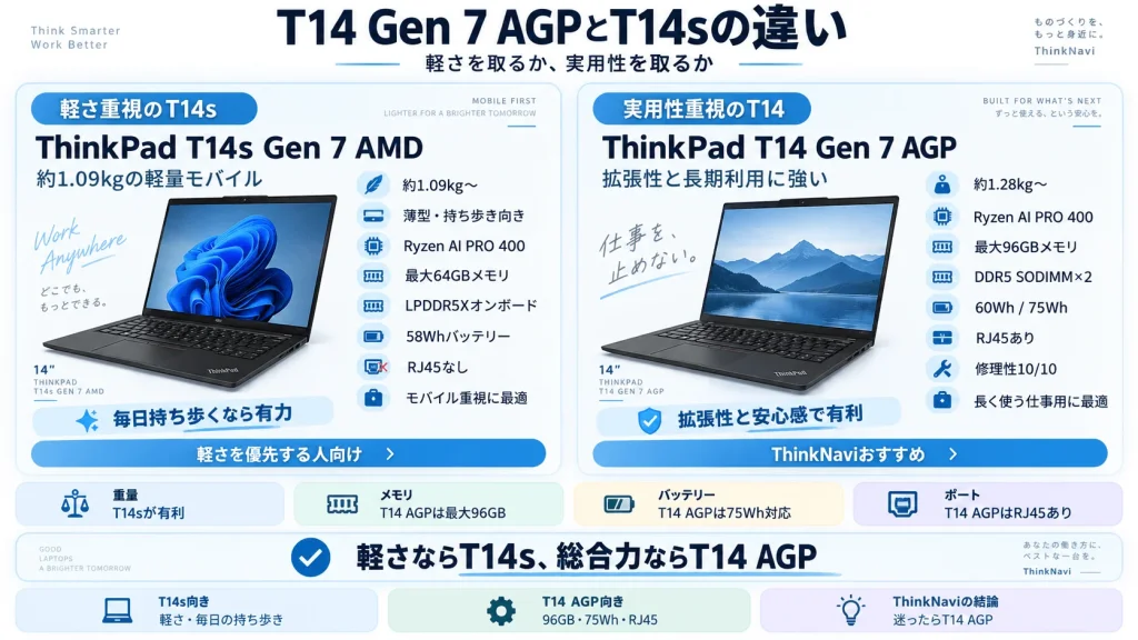 ThinkPad T14 Gen 7 AGPとT14s Gen 7 AMDを比較した図解。T14sは約1.09kgの軽量・薄型モバイル重視、T14 AGPは最大96GBメモリ、75Whバッテリー、RJ45、修理性10/10など拡張性と長期利用を重視。