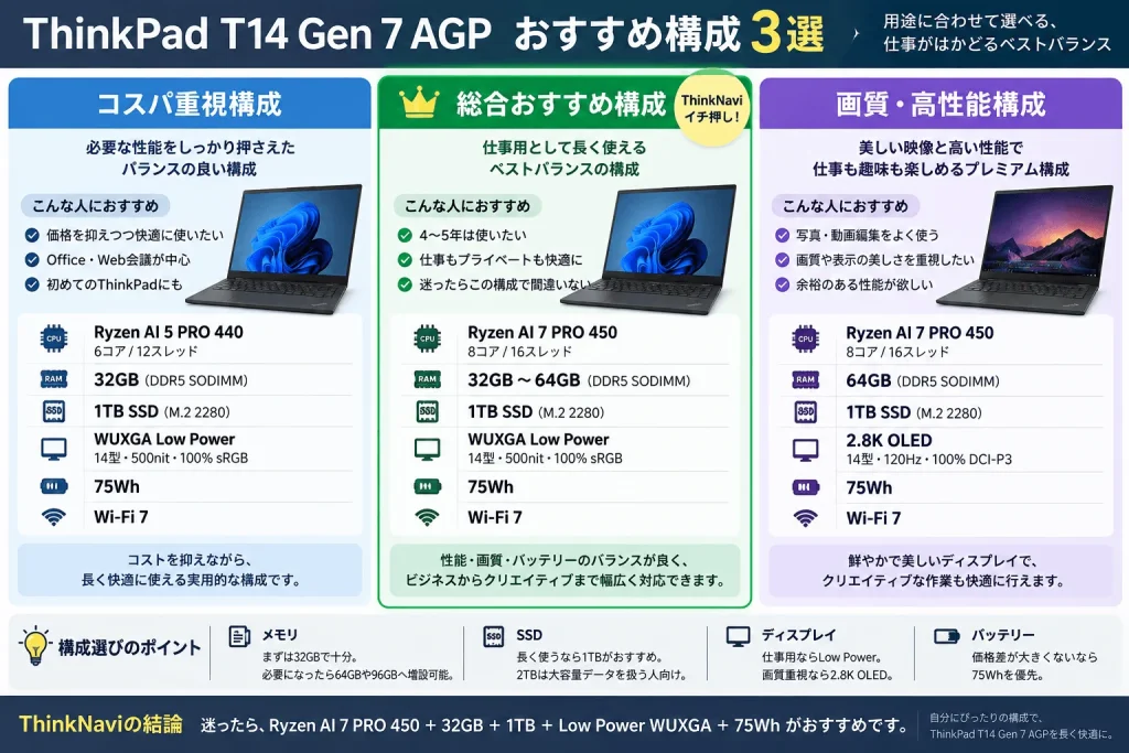 ThinkPad T14 Gen 7 AGPのおすすめ構成を3パターンで比較した図解。コスパ重視はRyzen AI 5 PRO 440、総合おすすめはRyzen AI 7 PRO 450＋32～64GB＋1TB SSD＋Low Power WUXGA＋75Wh、画質重視は2.8K OLED構成を紹介。