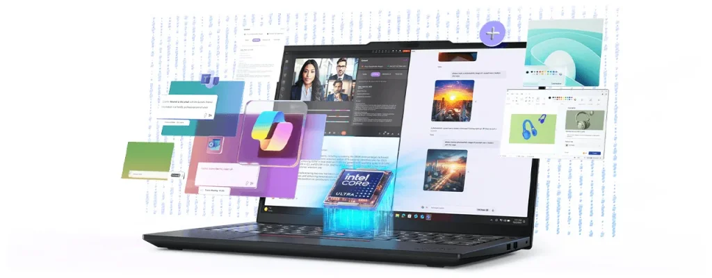 Intel Coreチップの周りにAIアプリの画面が浮かぶIntel版の本体