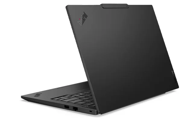 開いた本体を背面から見た外観。天板にThinkPadロゴ、左側面にポート