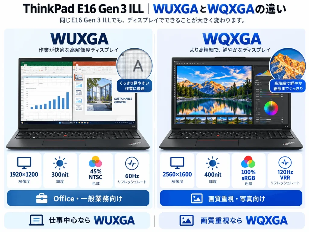 WUXGA(1920×1200・300nit・45%NTSC)は一般業務向け、WQXGA(2560×1600)は画質重視向けという比較図