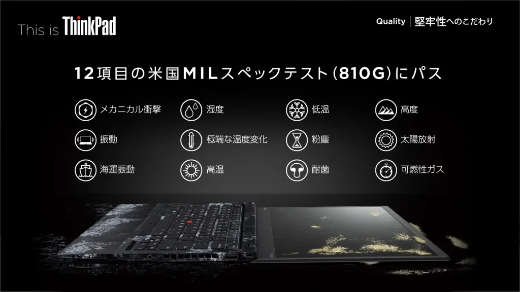 米国MILスペックテスト(810G)の12項目。衝撃・振動・高温・低温・湿度・粉塵など