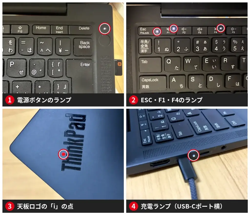 ThinkPadのランプの位置(電源ボタン、ESC・F1・F4、天板ロゴ、充電ランプ)