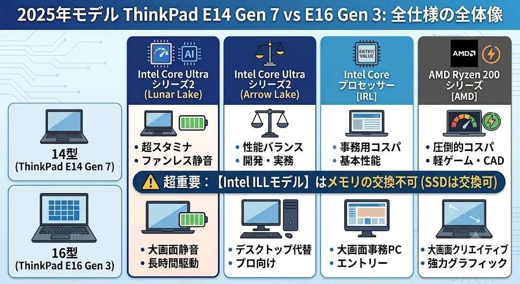 14型・16型とCPU4系統(Lunar Lake/Arrow Lake/IRL/Ryzen 200)の特徴一覧。ILLはメモリ交換不可